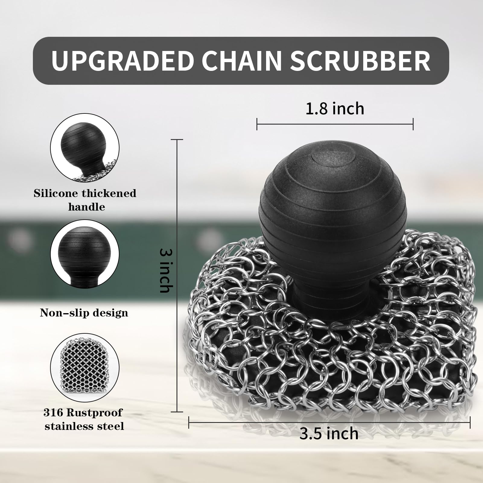 Cast Iron Scrubber with Pan Scraper, 316 Chainmail Scrubber, Upgraded Chain Mail Scrubber Sponge, Cast Iron Cleaner for Grill Pan Skillet Wok Carbon Steel, Dutch Oven Metal Brush Cleaning Kit, Black
