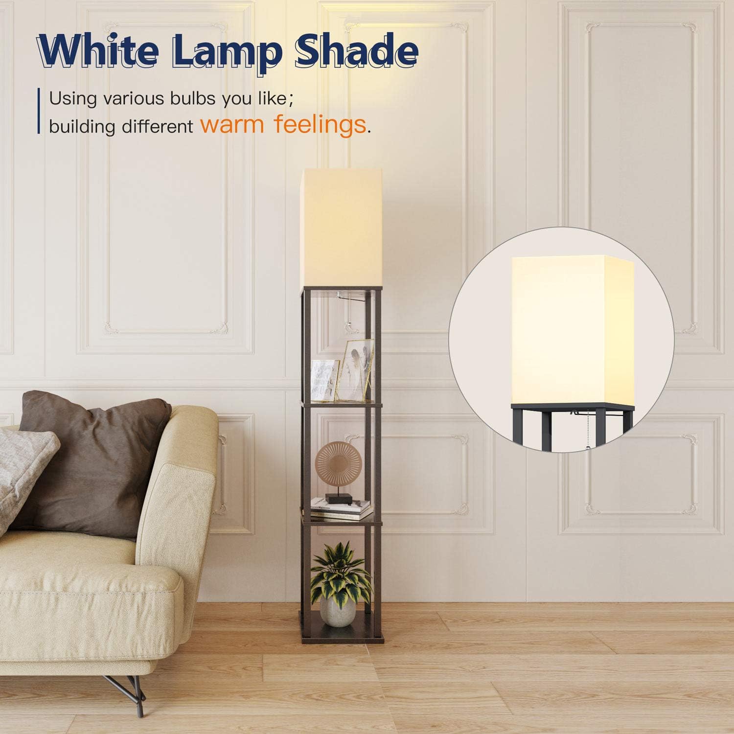 Addlon LED Modern Shelf Floor Lamp with White Lamp Shade and LED Bulb - Display Shelves Floor Lamps for Living Room Bedroom and Office - Classic Black: Home Improvement