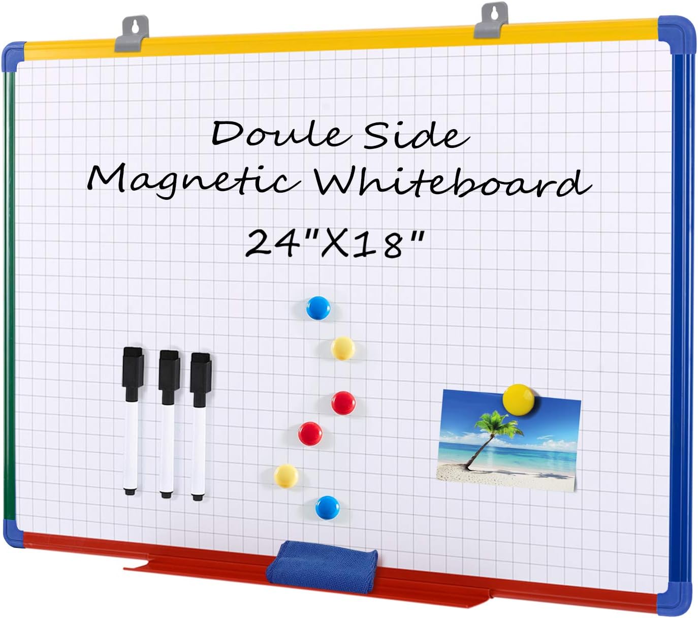 Magnetic Whiteboard Wall Dry Wipe Erase Boards Double Side Planning Grid Board with Multi-Coloured Frame for Teacher Students,24x18inches