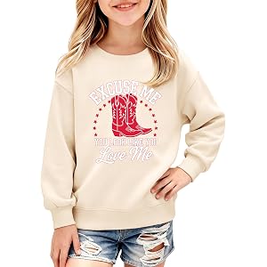 Weripoah Girls Western Sweatshirt Kids Cowgirl Graphic Crewneck Cute Boots Pullover Excuse Me You Look Like You Love Me Tops