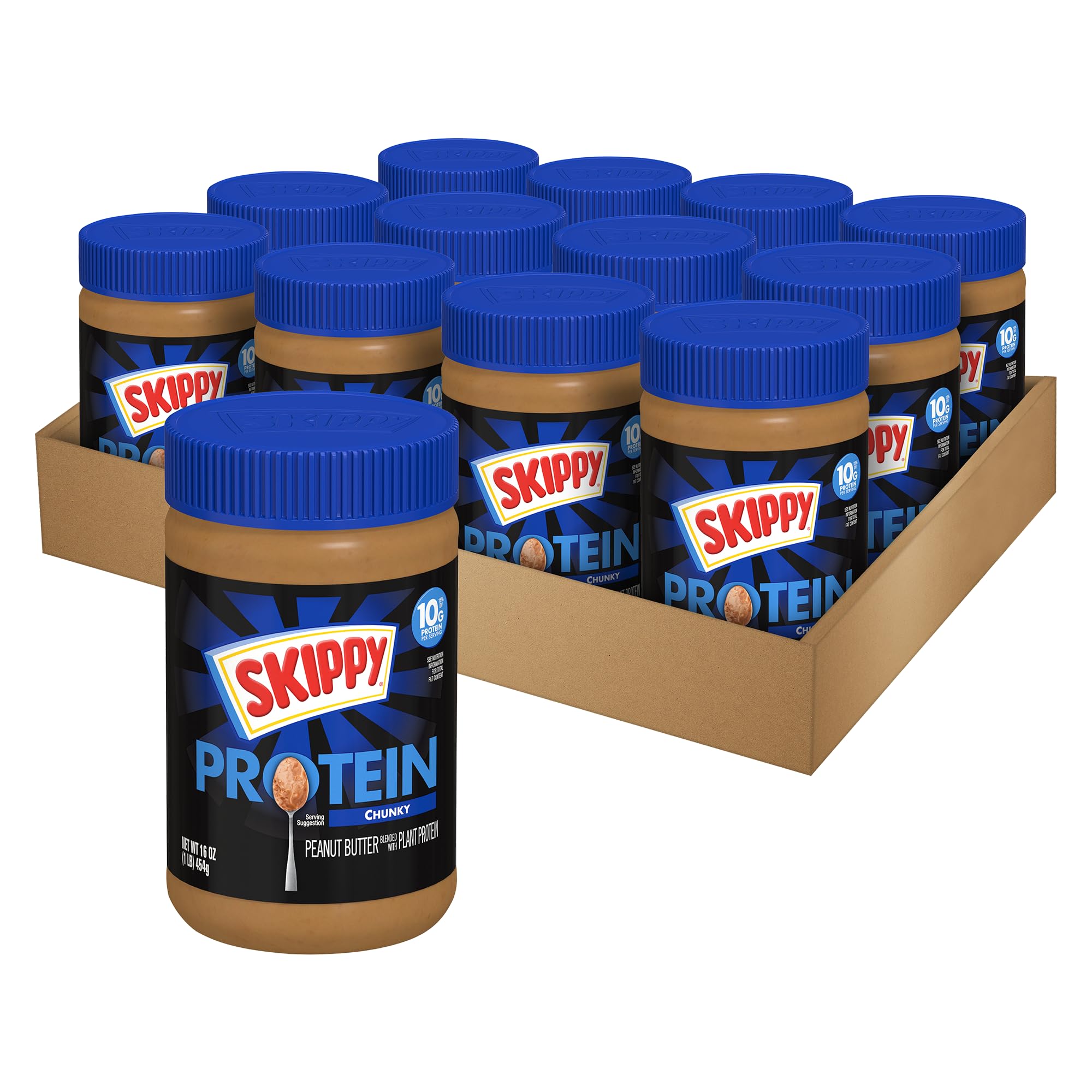 SKIPPY Chunky Peanut Butter Blended with Plant Protein, 16oz Plastic Jar, 12 Pack Image