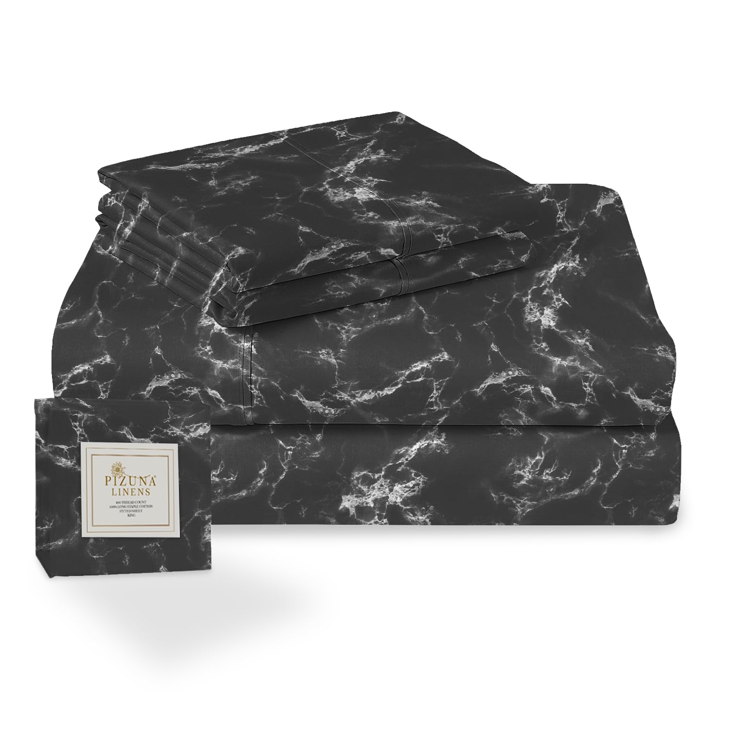 Pizuna Cotton Marble Black Printed King Size Bed Sheet Set 400 Thread Count 100% Long Staple Cotton Bedding, Sateen Sheets Includes 1 Fitted Sheet, 1 Flat Sheet, 2 Pillowcase (Printed Bedding)
