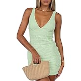 ZREQV Women's Bubble Plaid Mini Dress - Sexy V-Neck Backless Bodycon Summer Dress for Party Club Vacation