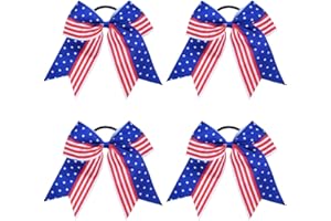 JUCCPUL 4PCS 4th of July Cheer Hair Bows 8" Patriotic Flag Festival Cheerleading Bow with Ponytail Holder Elastic Band Hair Accessories Cheer Bows
