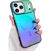 Heaofei Aesthetic Case for iPhone 17 Pro Case for Women Girls [Compatible with Magsafe] Cute Girly Trendy Glitter Sparkly Rainbow Magnetic Protective Phone Cover, Matte Iridescent Blue & Green