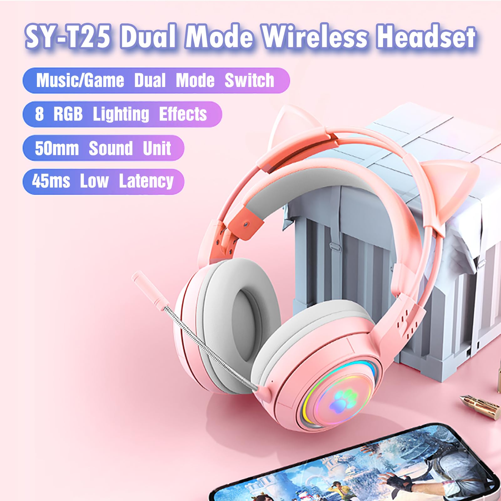 Lomiluskr RGB Cute Cat Ear Wireless Headset with Detachable Mic, Bluetooth/Wired Dual Mode Over Ear Headset, Interchangeable Cat and Deer Ears, Compatible with PC, Laptop, Tablet, Smartphone (Pink)