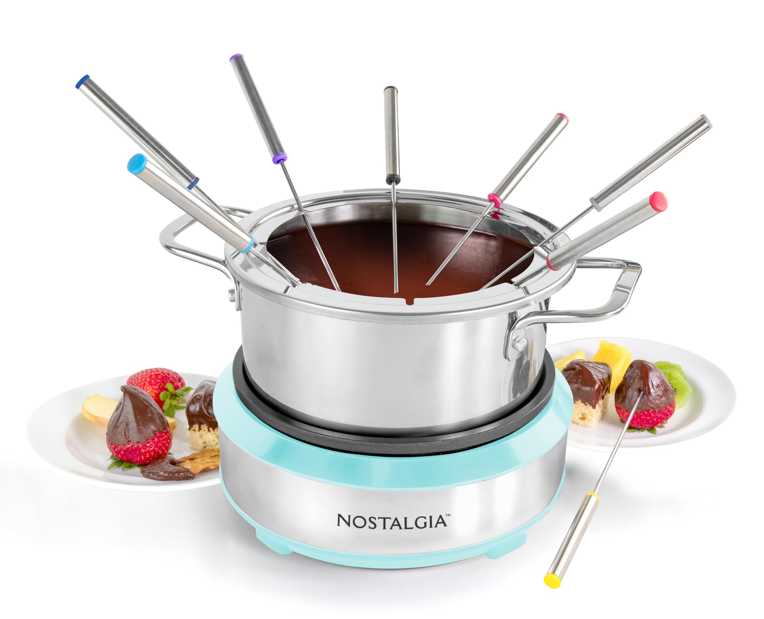 Nostalgia 8-Cup Electric Fondue Pot Set for Cheese & Chocolate - 8 Color-Coded Forks, Temperature Control - Kitchen Gadgets and Appliances for Hors d'Oeuvres and More - Aqua Image