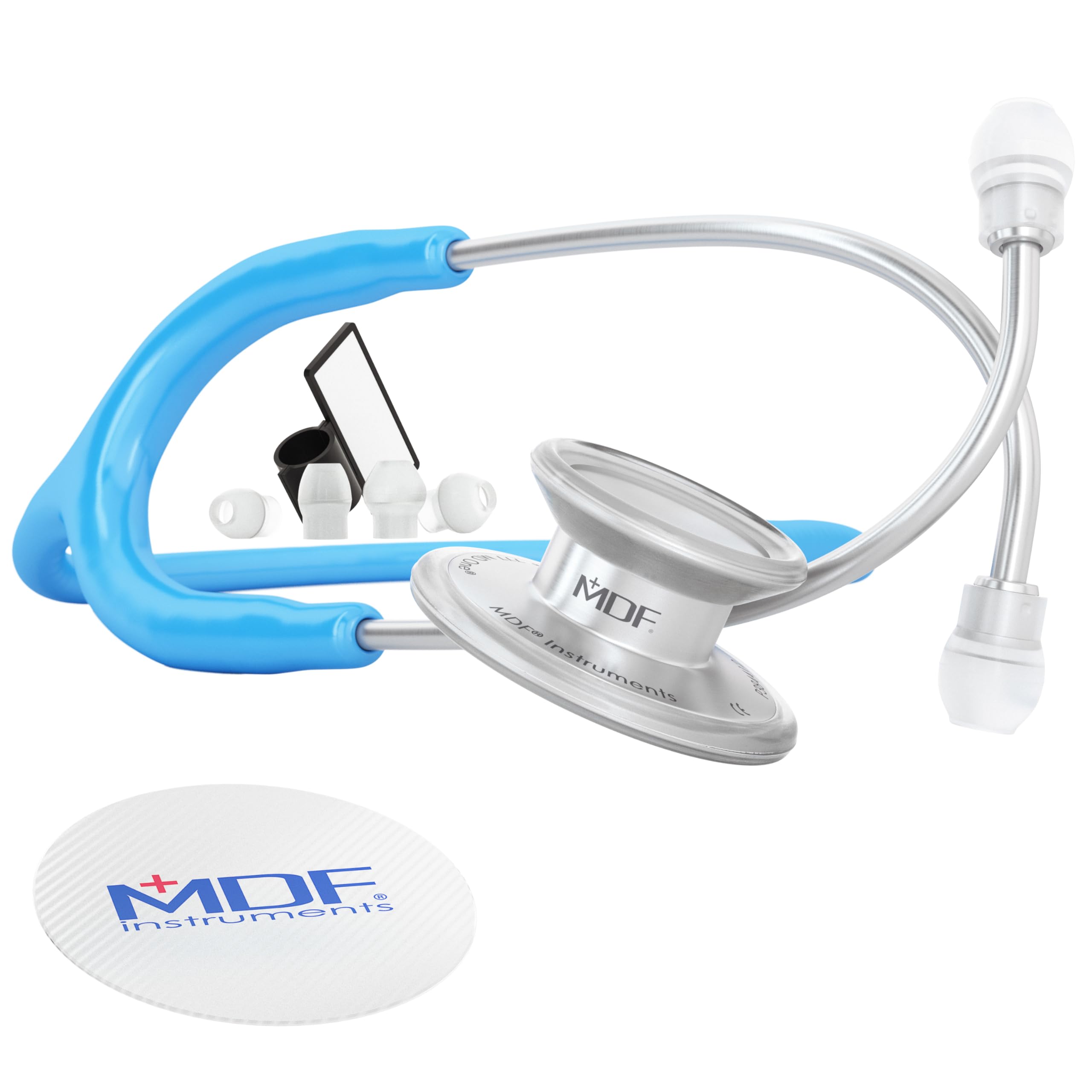 MDF Instruments, MD One Stainless Steel Premium Dual Head Stethoscope, Adult, Light Blue Tube, Silver Chestpieces-Headset, MDF77714