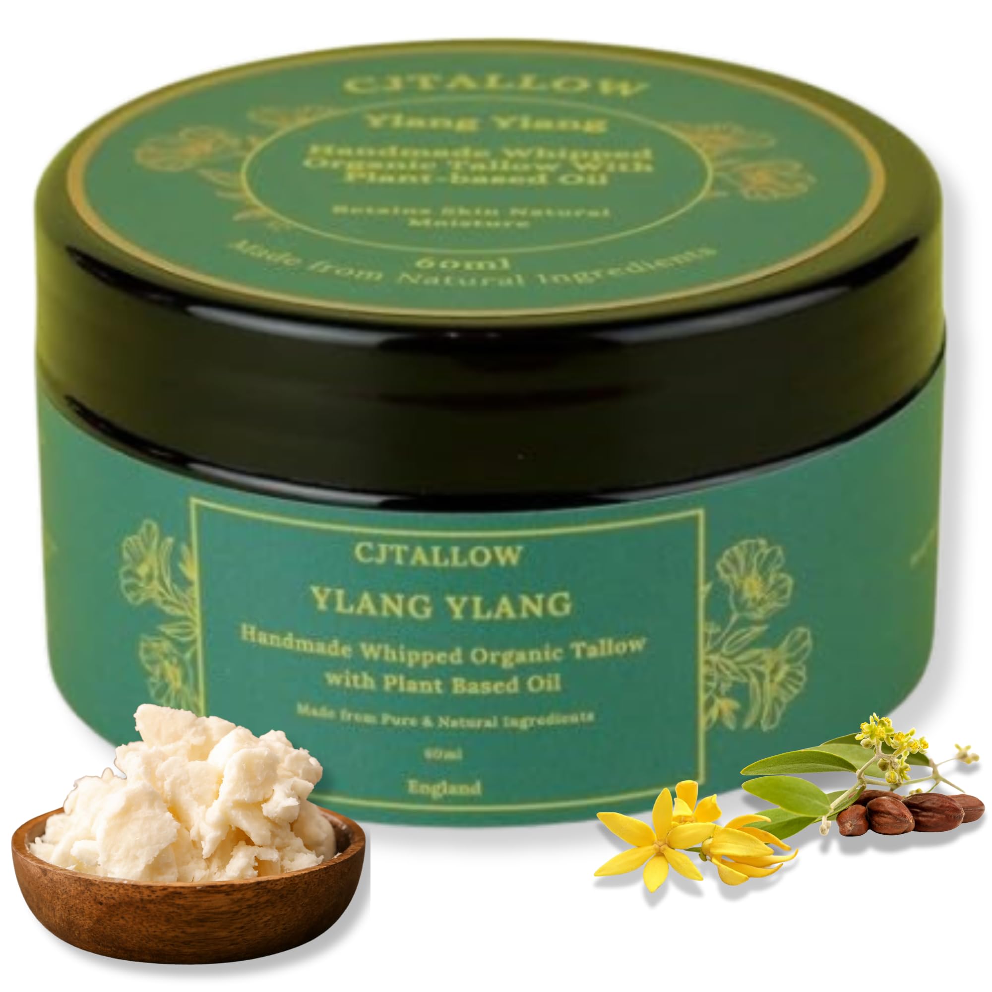 Beef Tallow Whipped Cream Moisturiser – Ylang Ylang Fragrant Oil, Jojoba Oil, Vitamin E, A, D, K | Face, Body, Cracked Heels | 100% Organic Grass Fed Tallow | Made in UK by (CJ TALLOW) Net Wt 60ml