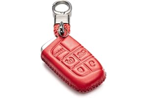 Vitodeco Genuine Leather Smart Key Keyless Remote Entry Fob Case Cover with Key Chain for Jeep, Dodge, Chrysler (5 Buttons, Red)