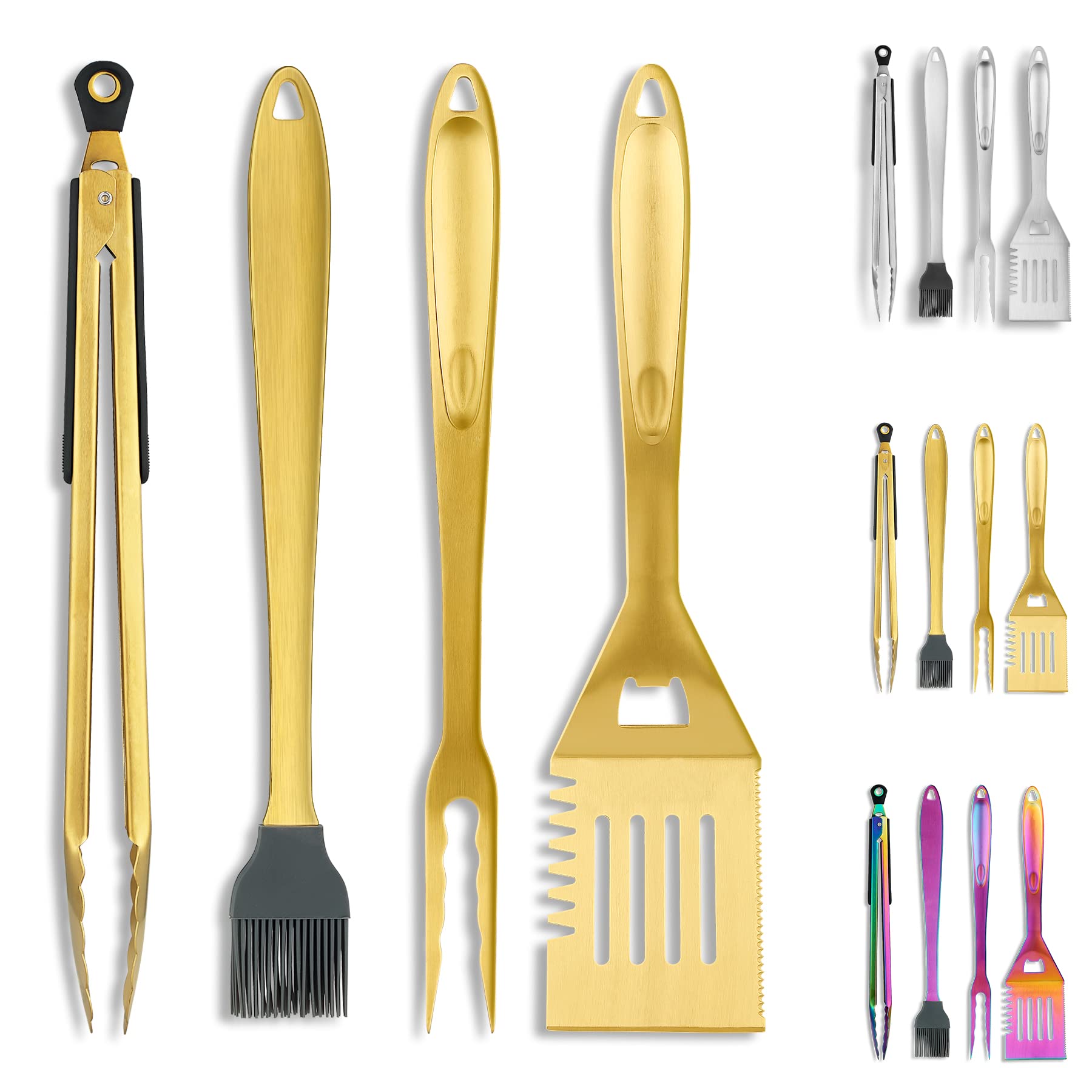 Kyraton Gold Grill Accessories Kit 4 Piece, Griddle Accessories Set, Titanium Golden Plating Stainless Steel Handle - Heat Resistant and No Melt, Great for Outdoor BBQ, Teppanyaki, Camping