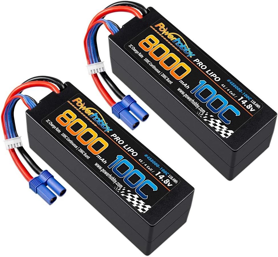Powerhobby 4s 8000MAH 100C 14.8V Lipo Battery w EC5 Plug Hard Case (2) : Fits Arrma Kraton 8S / Losi DBXL-E