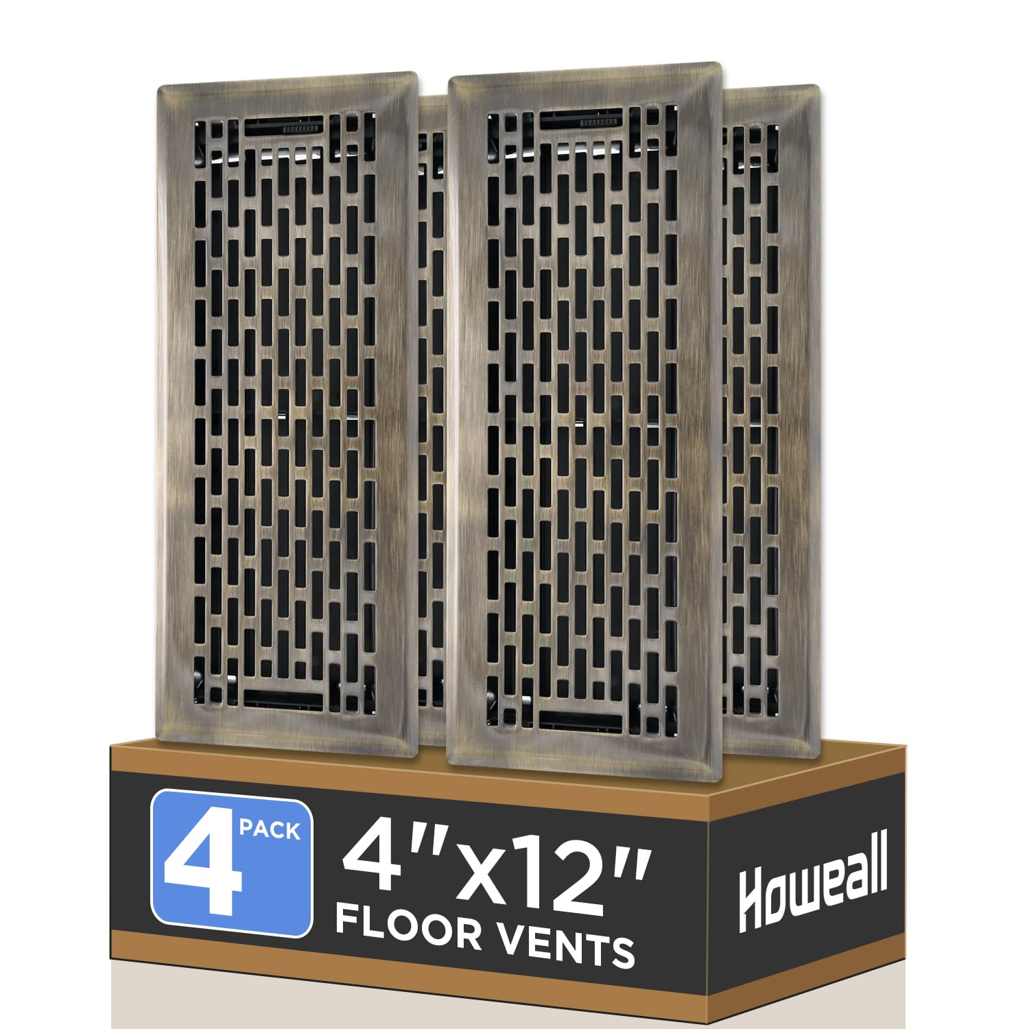 Photo 1 of Howeall 4x12 Inches 4 Pack Heavy Duty Walkable Floor Register - Easy Adjust Air Supply Lever Decorative Floor Vent Covers, Boston Design Vent Covers for Home - Antique Brass