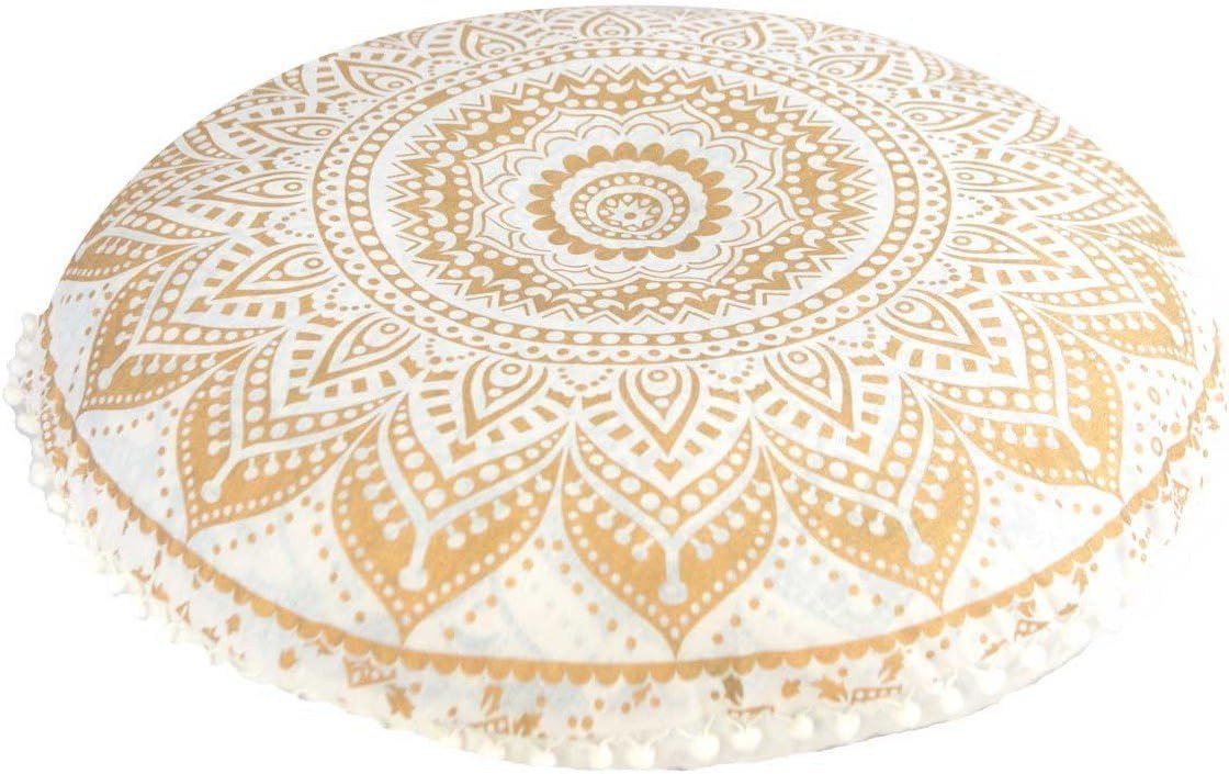 DARJII Golden Floor Cushion Cover Gold Mandala Throw Bohemian Pillow Case 32 Inches Round Pouf Cover Boho Bedding Home Décor Hippy Decoration Indian Seating Pouffe