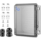 RTHIEAI Waterproof Outdoor IP67 Junction Box (8.7"x6.7"x4.3") with Mounting Plate, Hinged Clear Cover and Wall Brackets - Weatherproof ABS Plastic Electrical Enclosure for DIY Projects (220x170x110mm)