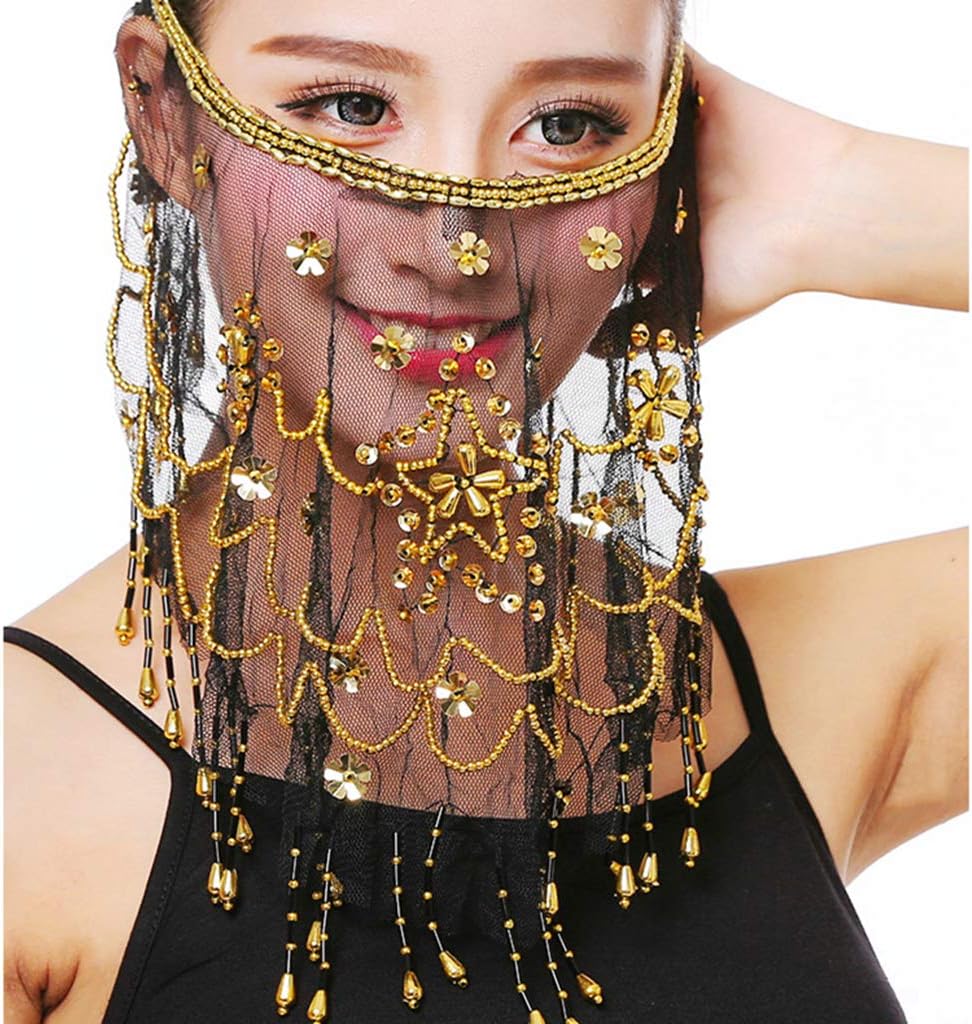 Baisdan Belly Dance Face Veil with Beads Sequins Cosplay Halloween Carnival Costume Accessory, Black, One Size (Pack of 1) - Image 3