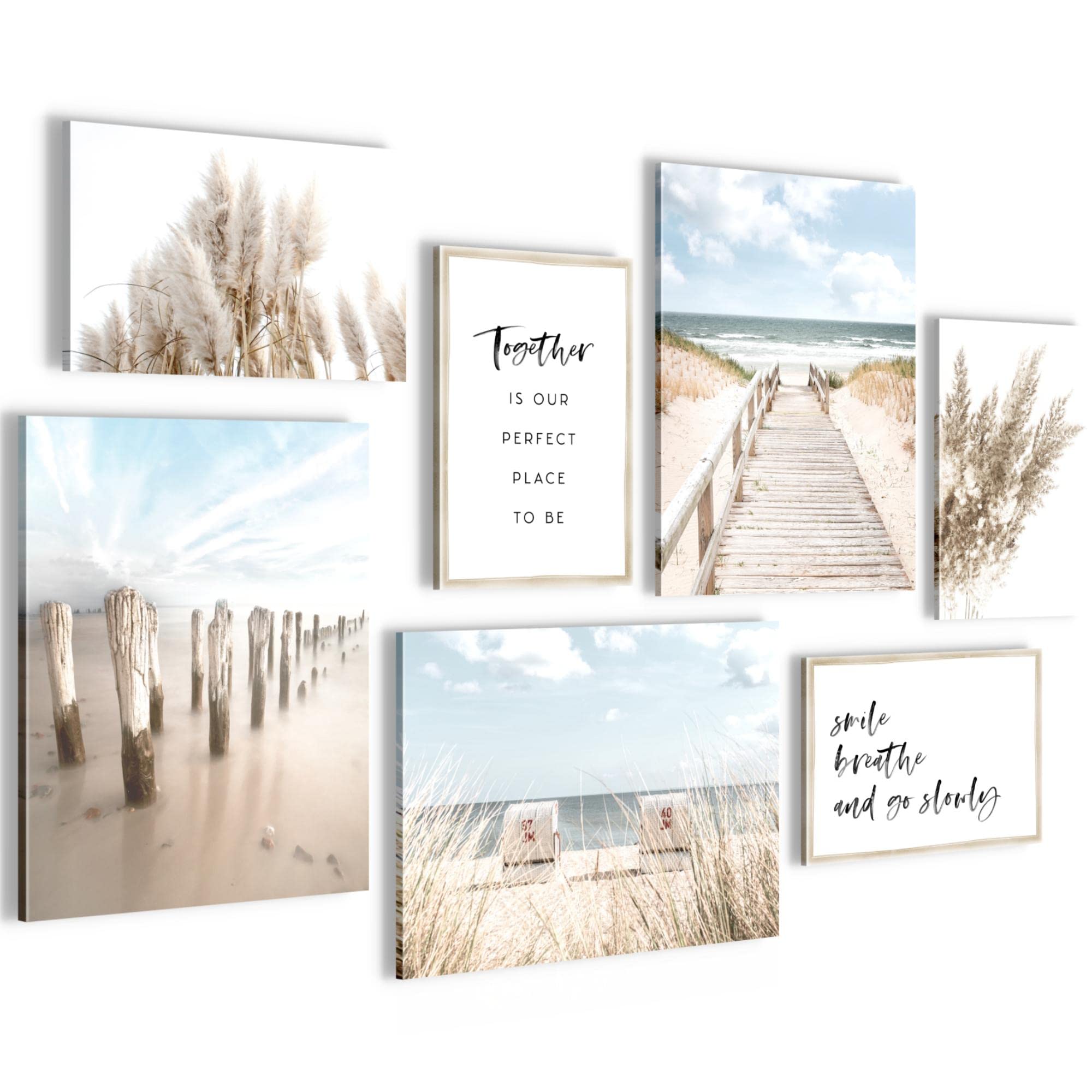 Novart Set of Canvas - COMPLETELY READY TO HANG - Pictures for Wall - Beach sea Boho - 7 Pieces - Living Room Bedroom N007871a