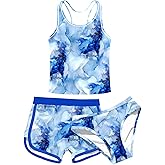 uideazone Girls 3 Piece Bathing Suit Summer UPF 50+ Racerback Swimsuit with Shorts Beach Tankini Sets 8-16 Years