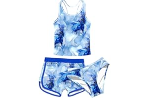 uideazone Girls 3 Piece Bathing Suit Summer UPF 50+ Racerback Swimsuit with Shorts Beach Tankini Sets 8-16 Years