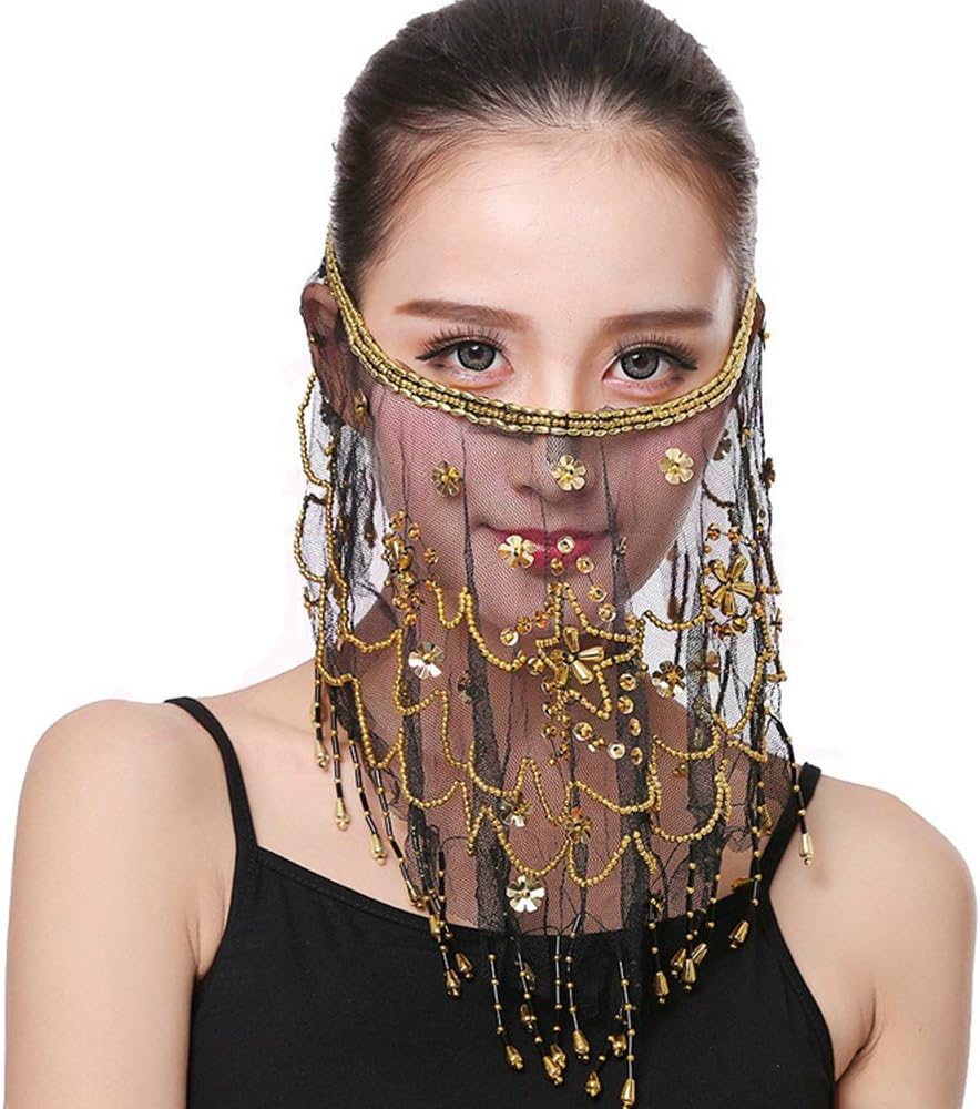 YAKEFBelly Dance Face Veil India Dance Outfit Halloween Carnival Costumes Head Face Veil