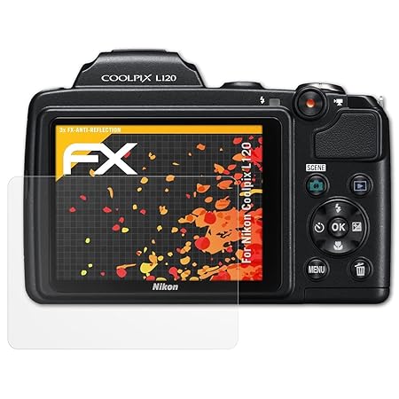 atFoliX Panzerfolie kompatibel mit Nikon Coolpix L120 Schutzfolie, entspiegelnde und stoßdämpfende FX Folie (3X)