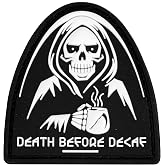 Saspatch Death Before Decaf Grim Reaper PVC Morale Patch Hook and Loop | Soft Flexible PVC | 2.2x2 Inch | Hook-and-Loop Backing | For Tactical Gear &amp; Backpacks