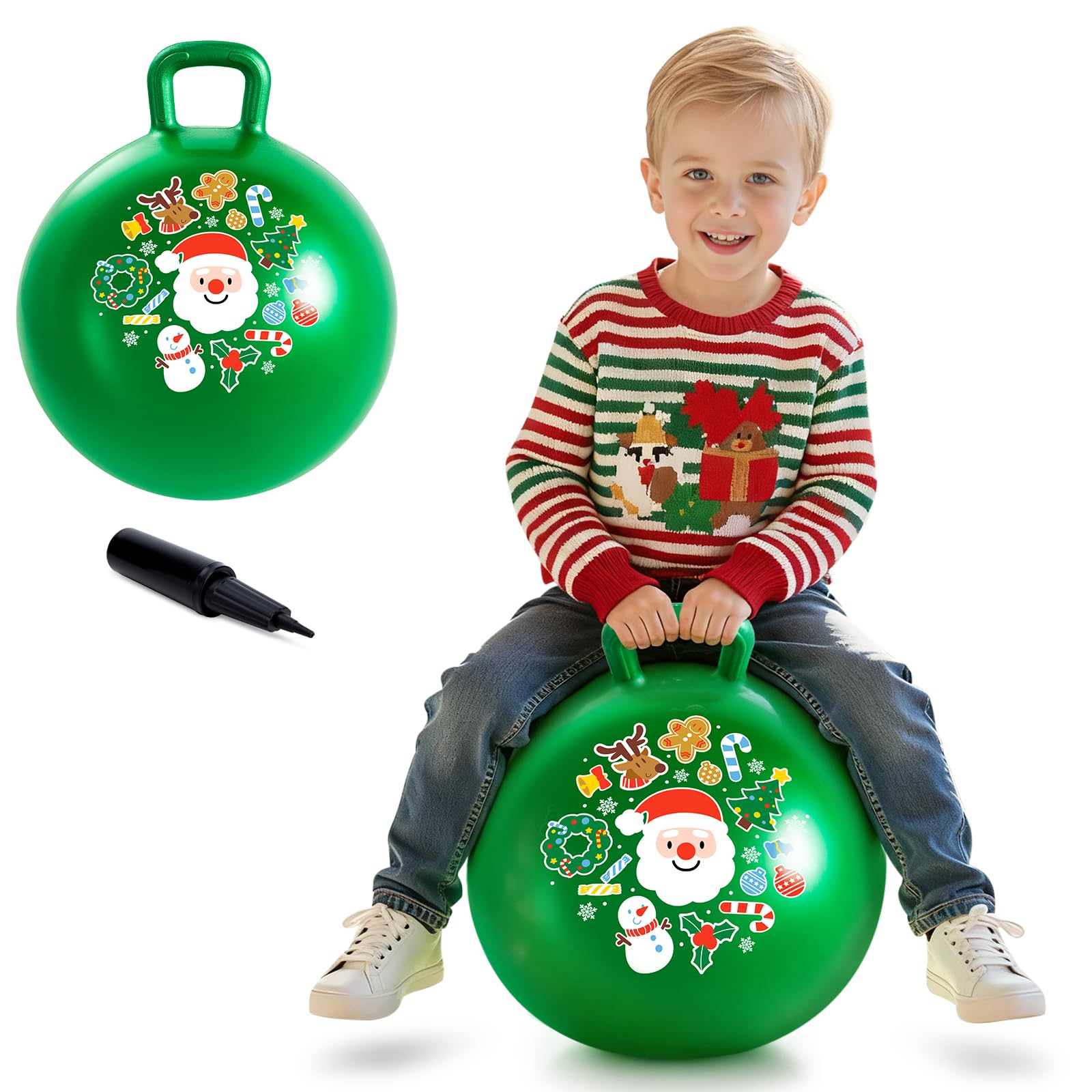 U&C Planet Christmas Space Hopper 18 Inch Bouncy Ball for Kids Ages 3-8, Christmas Themed Ride-On Hopper Ball with Hand Pump, Non-Slip Base, 100kg Capacity, Idea