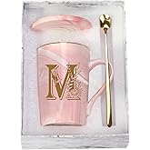 WENSSY Pink 14 Ounce Letter M with Flower Personalized Initial Mugs, Novelty Coffee Mugs for Women, Bridal Shower Gifts, Dishwasher Safe Porcelain Mug
