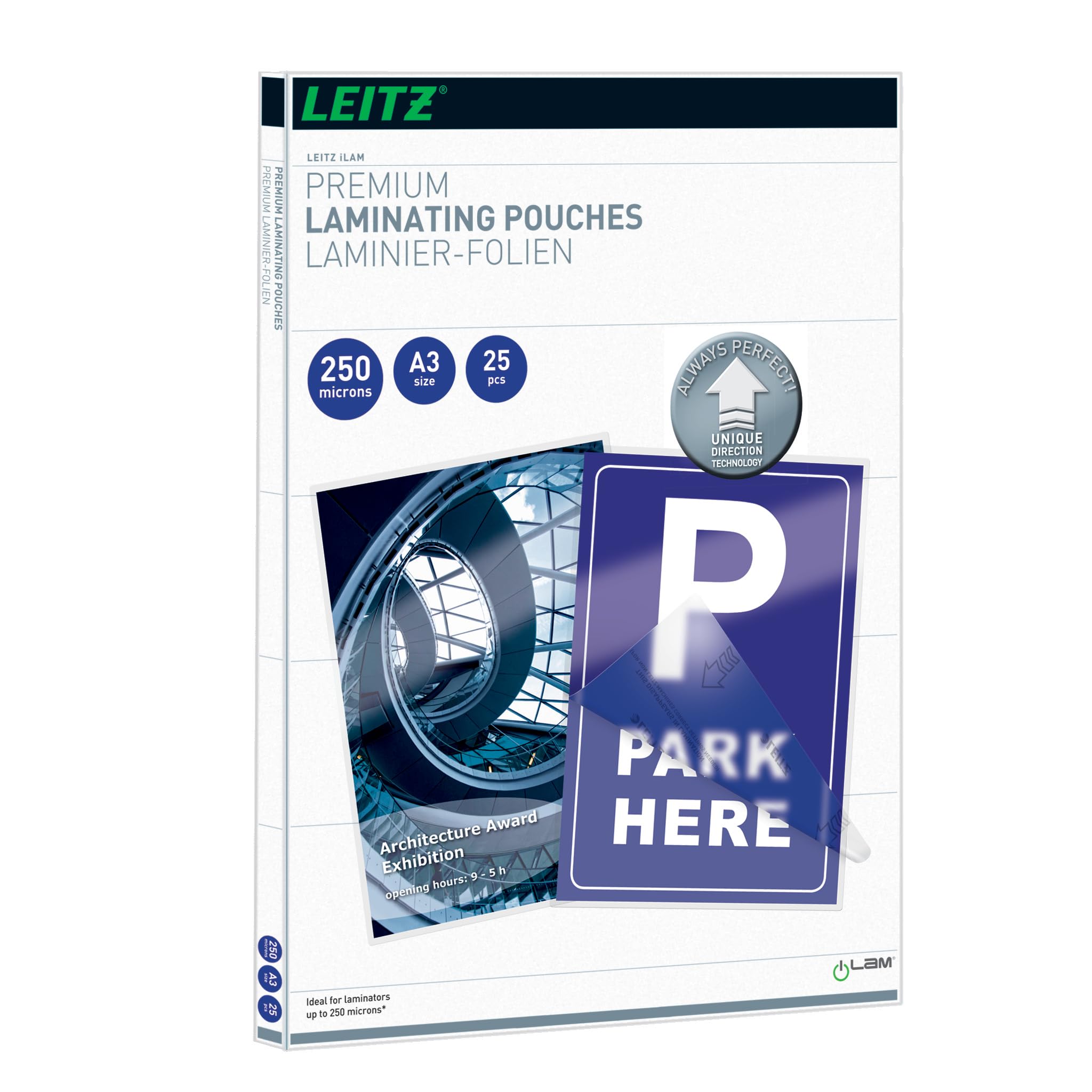 Leitz 74910000 Laminating Pouches Made of 250 Micron Thick Material (Transparent, Glossy, A3 and UDT) - Pack of 25