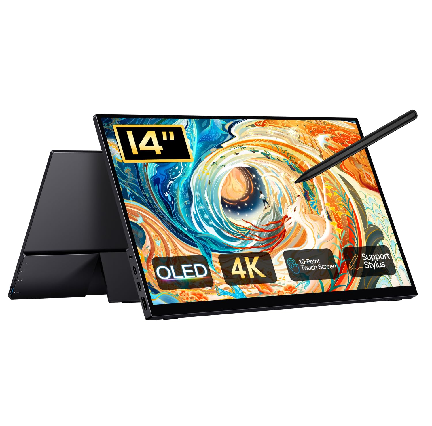 Photo 1 of Qunub 14" Portable Monitor OLED 4K, Touch Screen Monitor UHD 3840X2400p 100% DCI-P3 100000:1, with Kickstand & Sleeve, USB-C HDMI External for Laptop Mac PC