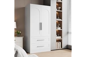 iPormis Armoire Wardrobe Closet with 2 Drawers, Modern Wooden Bedroom Armoire with Doors, Clothing Storage Cabinet with Aluminum Hanging Rod, Wardrobe Storage with Strong Door Closure, White