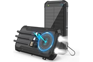 LUVKNIT Solar Power Bank 20000mAh Wireless Portable Charger Built-in 3 Cables 15W USB-C Fast Charging Black Battery Pack Compatible with iPhone, Samsung, Emergency LED Flashlights Perfect for Camping, Hiking