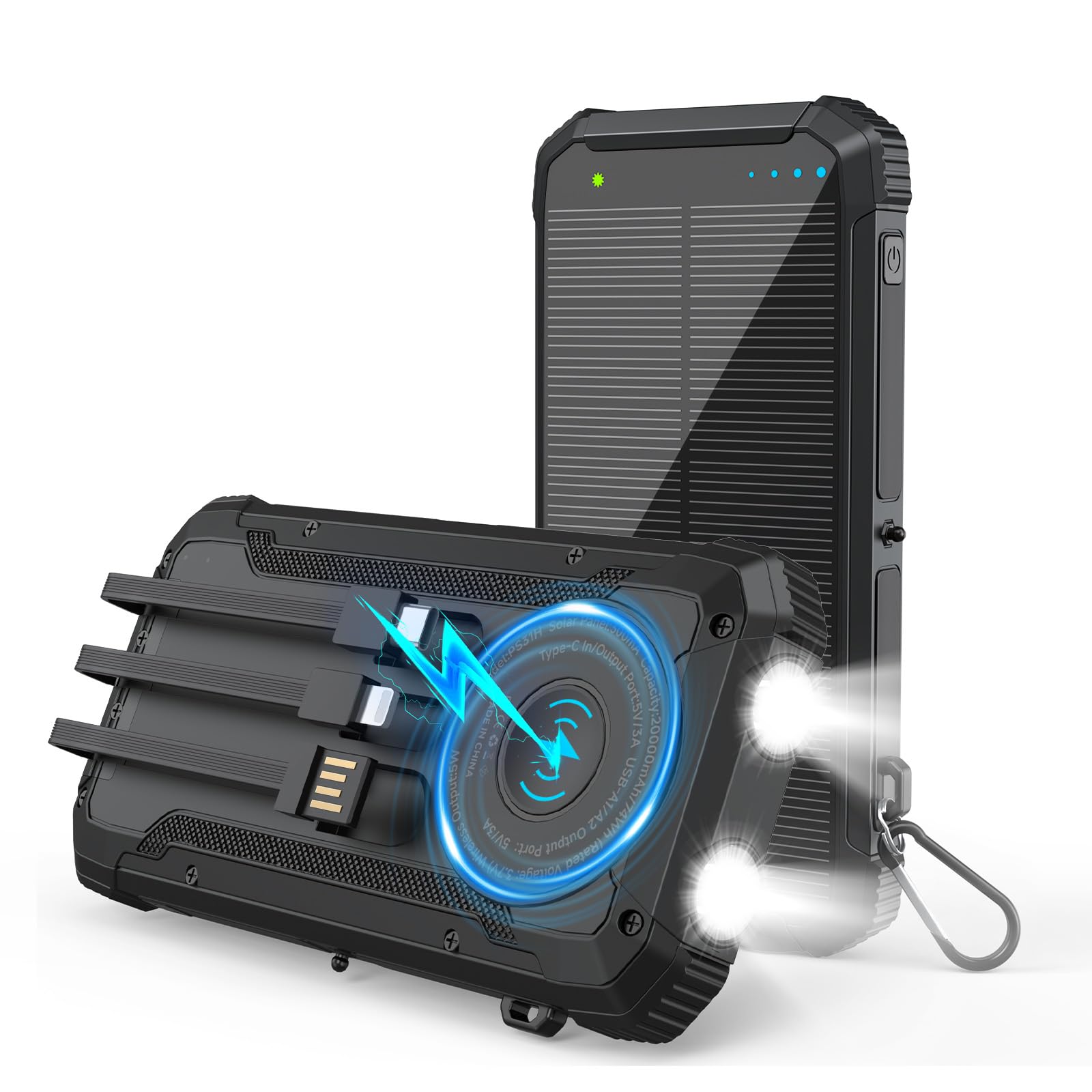 Photo 1 of Solar Power Bank 20000mAh Wireless Portable Charger Built-in 3 Cables 15W USB-C Fast Charging Black Battery Pack Compatible with iPhone, Samsung, Emergency LED Flashlights Perfect for Camping, Hiking