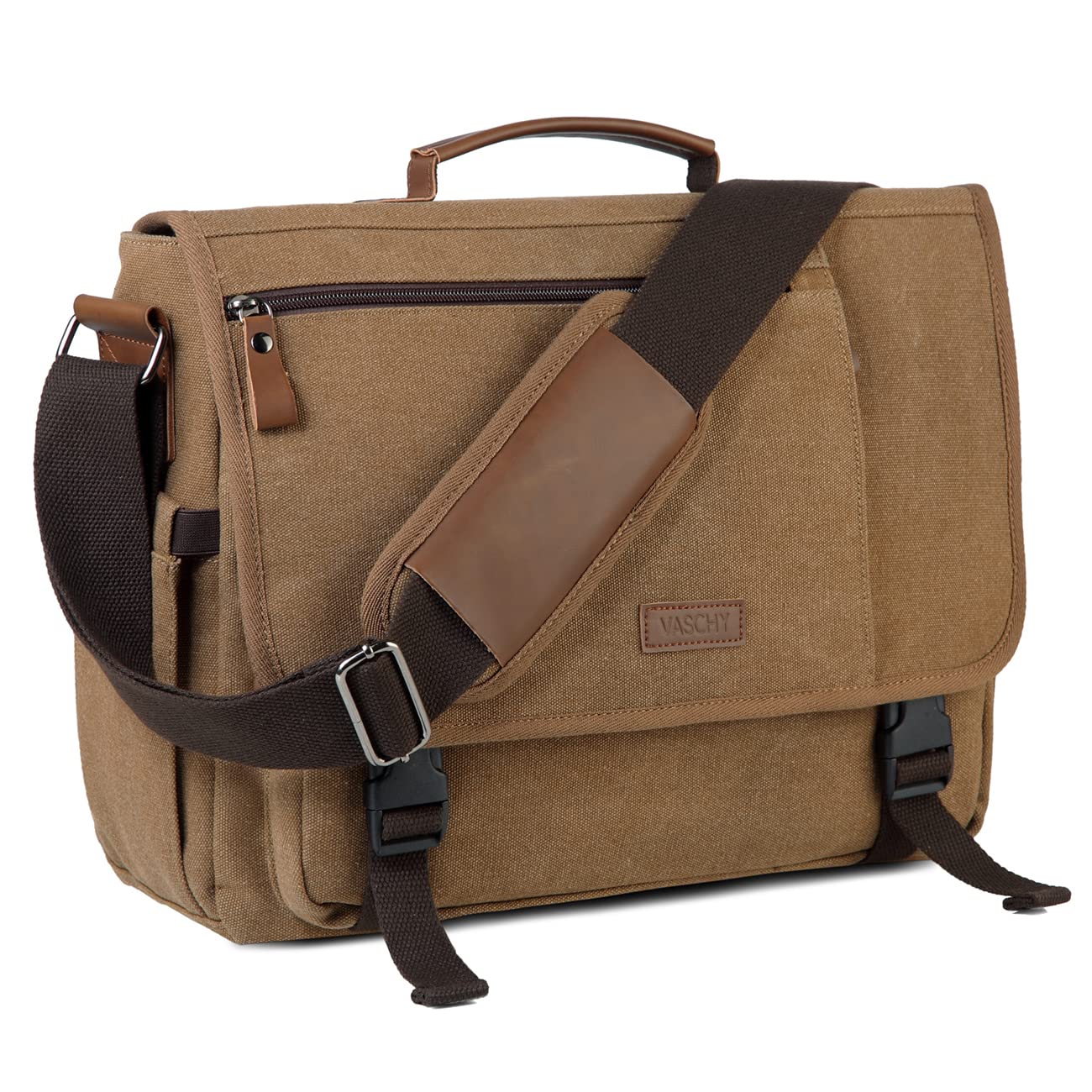 VASCHY Messenger Bag, Waxed Canvas Man Bag 15.6 inch Laptop Shoulder Bag for Men Women Water Resistant Briefcase Satchel with Shoulder Strap and Luggage Sleeve for Work,School,Business Trip (Camel)