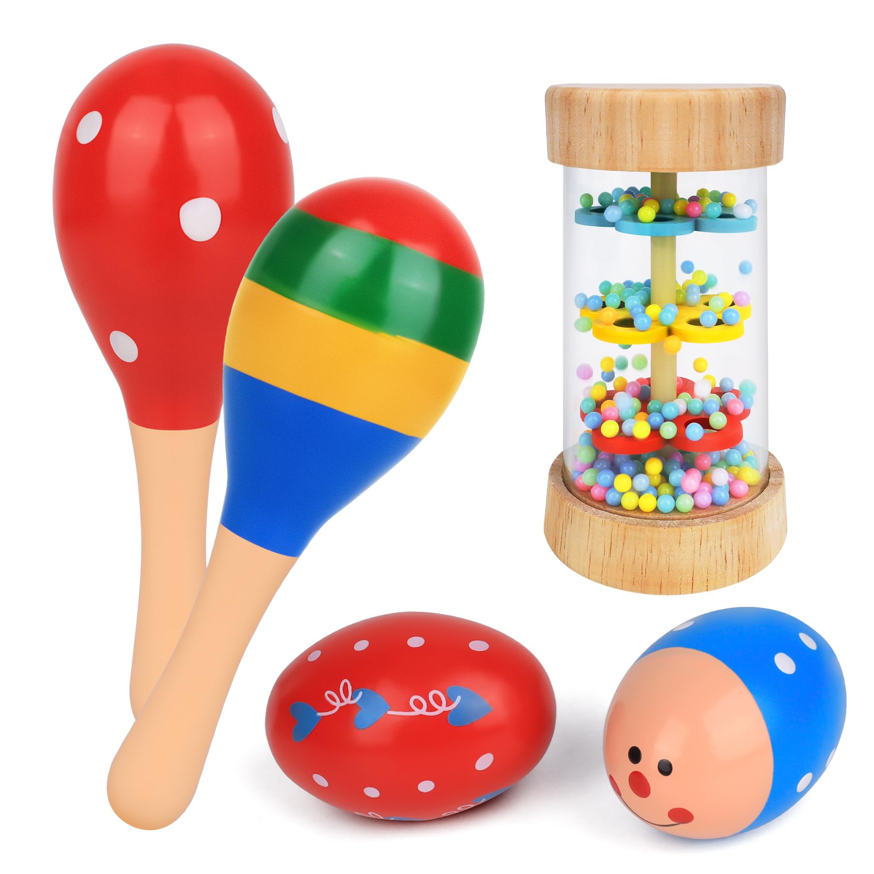 Wooden Baby Toys - 5PCS Mini Wooden Maracas Egg Shaker and Rain Stick Rattles Musical Toys for Babies Over 6 Months, Shaker Sand Hammer Musical Instruments Toys for 1+ Year Old Toddlers