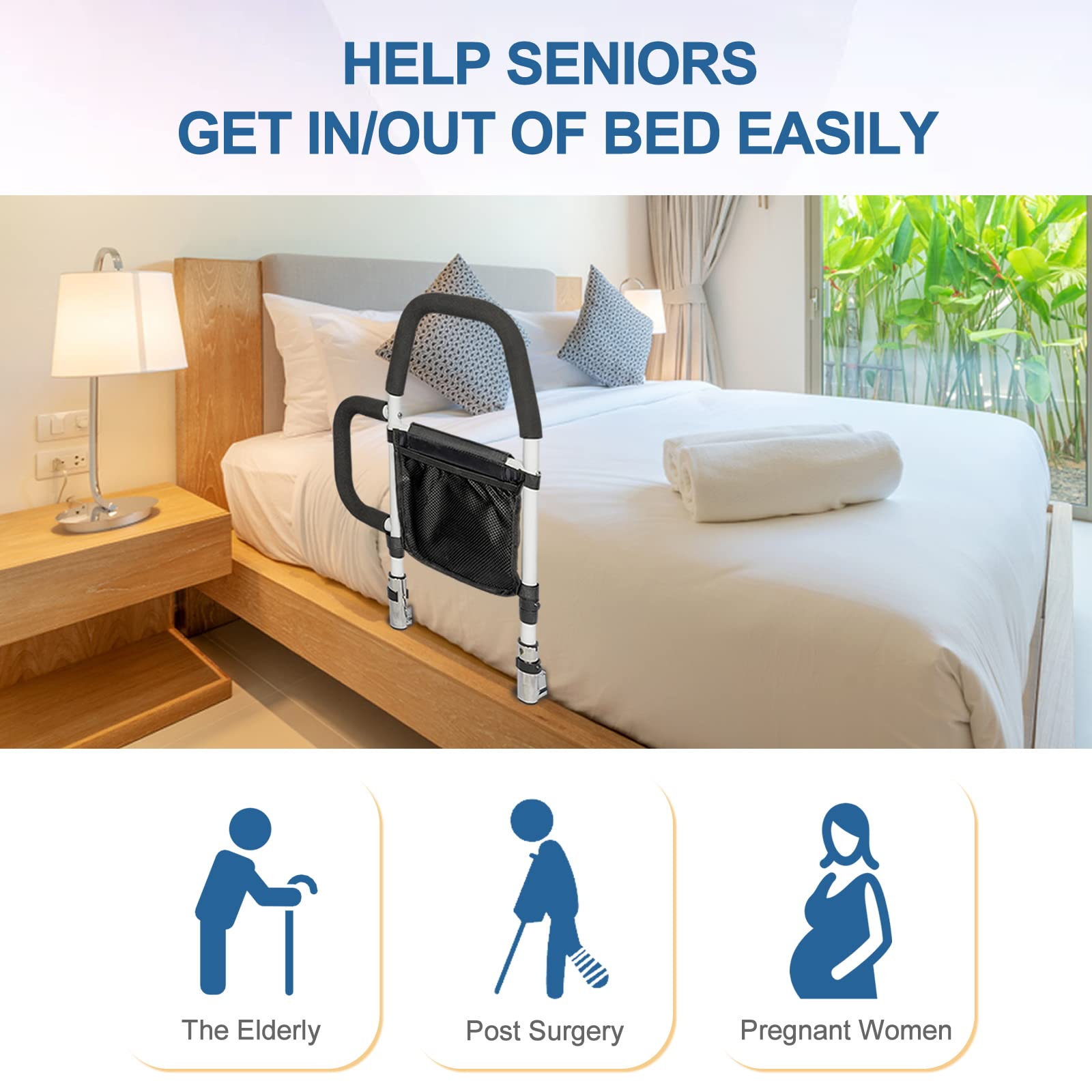 HEPO Bed Rails for Elderly Adults Safety with Storage Pocket, Assist Rail with Dual Grab Bars for Easily Getting in & Out of Bed, Bed Rail Fits King, Queen, Full, Twin Bed,Support Up to 300lbs