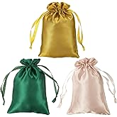 PATIKIL Satin Bags with Drawstring, 3 Pack 4x6 Inch Wedding Favor Bags Mini Gift Packaging Bags for Birthday Christmas Jewelry Party, Green Champagne Gold Tone