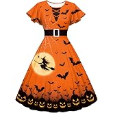 Halloween Dresses for Women Spooky Season Swing Party Dress Fall Outfits | Halloween Flutter Sleeve A‑Line Dress Fall Pumpkin Ghost Witch Skull Bloody Graphic Dress Fall Party Costume