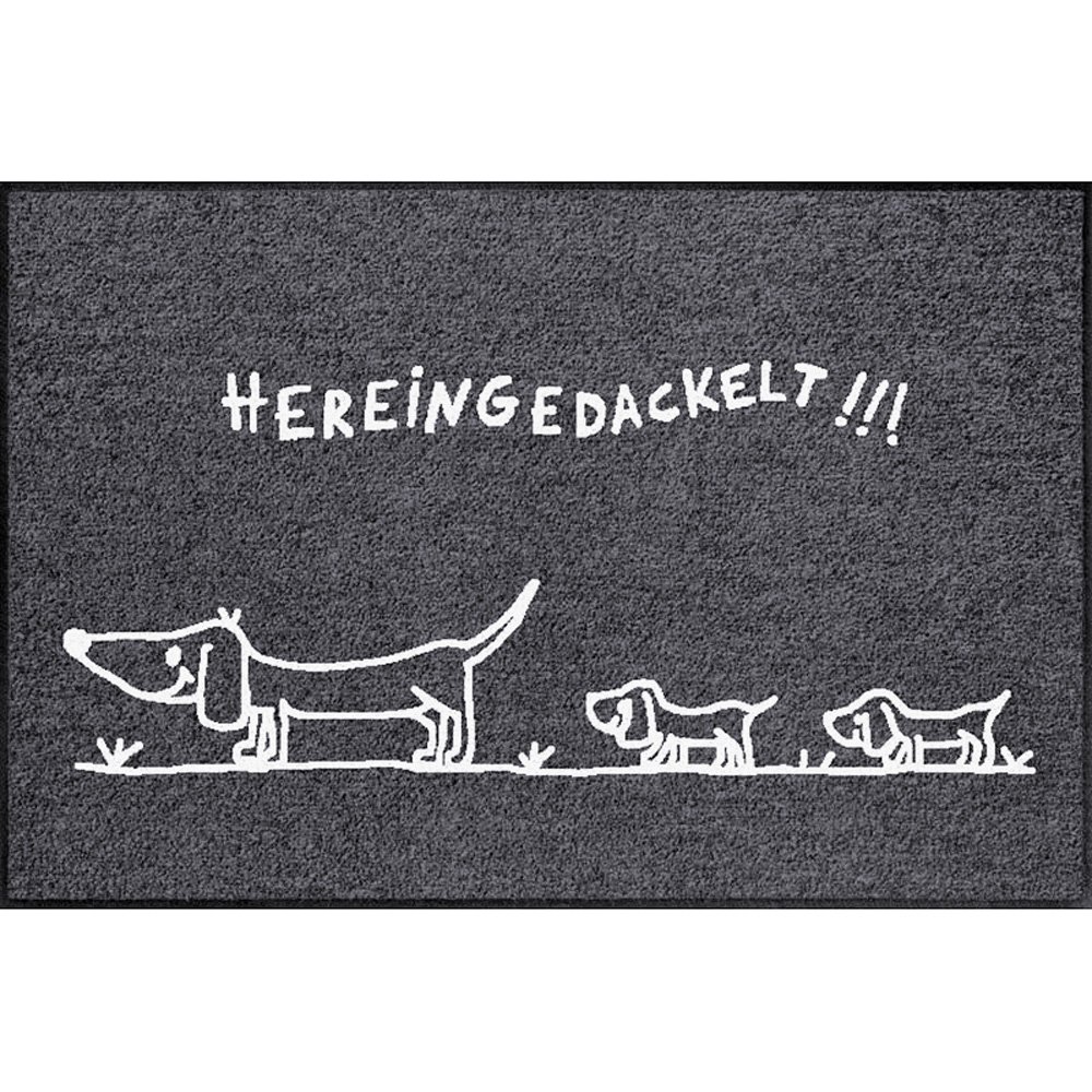 Salonloewe washable doormat, shoe cleaner, 50 x 75 cm, with "Hereingedackelt" motif, beige/charcoal with dachshund motif.