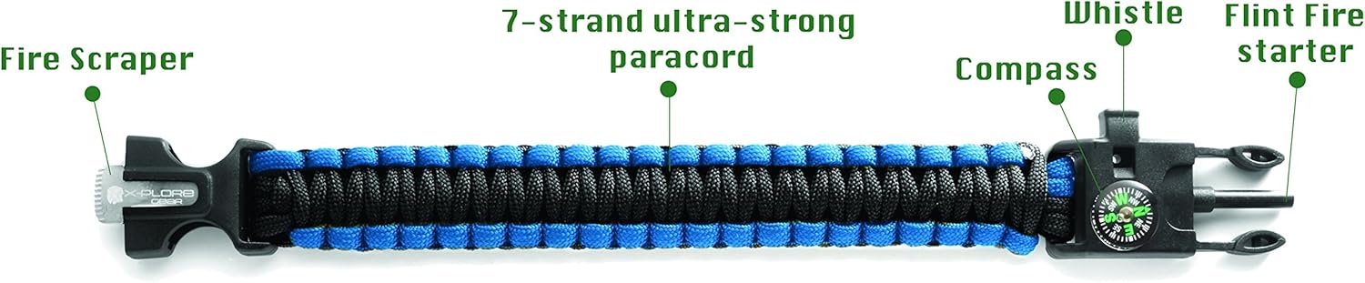 X-Plore Gear Emergency Paracord Bracelets | Set of 2| The Ultimate Tactical Survival Gear| Flint Fire Starter, Whistle, Compass & Scraper | Best Wilderness Survival-Kit - Black(R)/Blue(R) : Sports & Outdoors