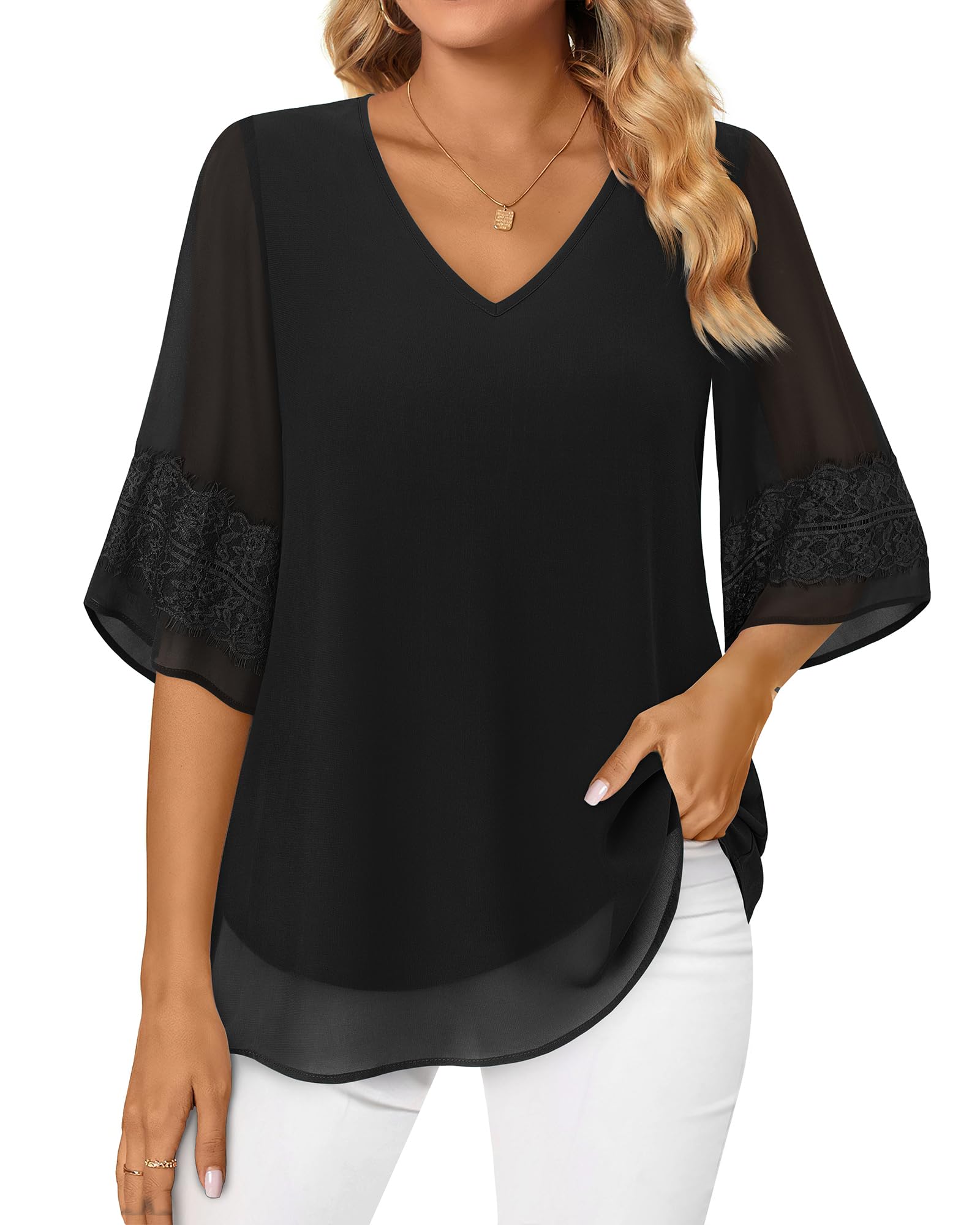 VALOLIA Damen Bluse 3/4-Ärmel Chiffon - Elegant Für Business & Freizeit