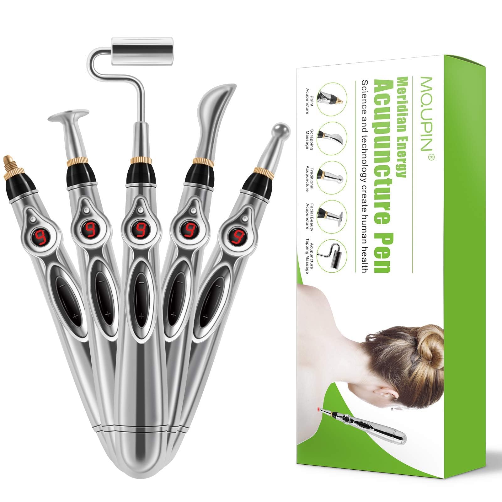 Acupuncture Energy Pen, Massage Pen with 5 Massage Heads, Electric Meridians Acupuncture Machine Meridian Energy Pen, Nine Power Levels