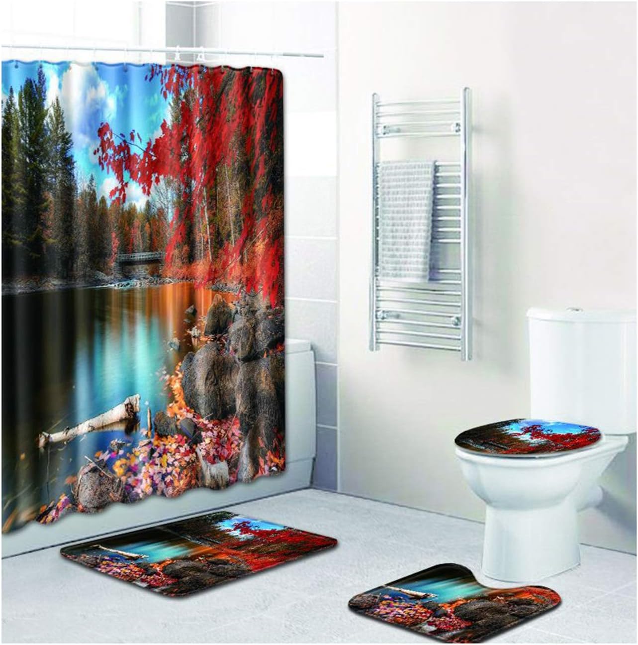 ROMQUEEN 4 Piece Bathroom Rug Set Shower Curtains Short Non Slip Bath Mat Brown Pedestal Mat Memory Foam& Shower Curtain 180 * 180
