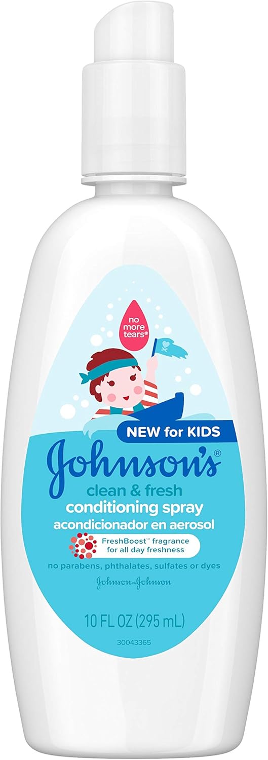 Johnson's Clean & Fresh Tear-Free Kids' Hair Conditioning Spray, Paraben-, Sulfate-, Dye-Free Formula, Hypoallergenic & Gentle for Toddlers' Hair with FreshBoost Fragrance, 10 fl. oz