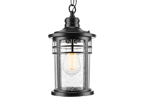 Darkaway Outdoor Pendant Lights for Porch, Outdoor Chandelier Hanging Porch Lights Ceiling Mount Aluminum with Seeded Glass for Front Porch Gazebo Patio (Medium, Black)