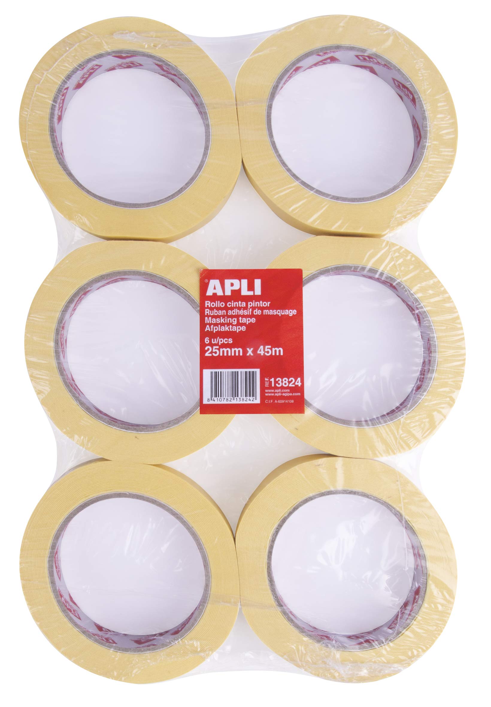 APLI 13824 Painters Tape, 25 mm x 45 m, Pack of 6 Rolls