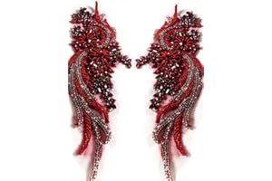 LABELLEZALADY Hand-Made Beaded Rhinestons DIY Clothing Appliques Patch,Beaded Applique for Wedding Dress Decoration,Rose Gold/Pink/Silver/Red/Black Flower Applique by Pair (Wine)