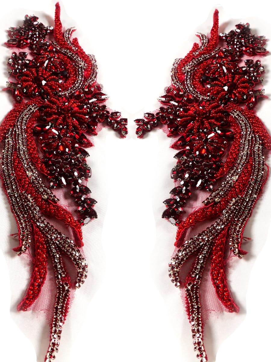 Photo 1 of Hand-Made Beaded Rhinestons DIY Clothing Appliques Patch,Beaded Applique for Wedding Dress Decoration,Rose Gold/Pink/Silver/Red/Black Flower Applique by Pair (Wine)