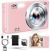 Digital Camera, 2026 Upgraded FHD 4K Pink Digital Camera for Kids Teens Girls, Compact Cameras with 64GB Memory Card 2 Batteries, Small Portable Camera with 16X Autofocus Digital Zoom for Vlogging