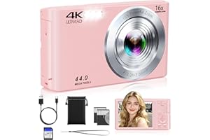 CEYE Digital Camera, FHD 4K 44MP Compact Point and Shoot Cameras with 64GB SD Card 2 Batteries, 16X Autofocus Digital Zoom Small Camera for Teens Kids Boys Girls (Pink)